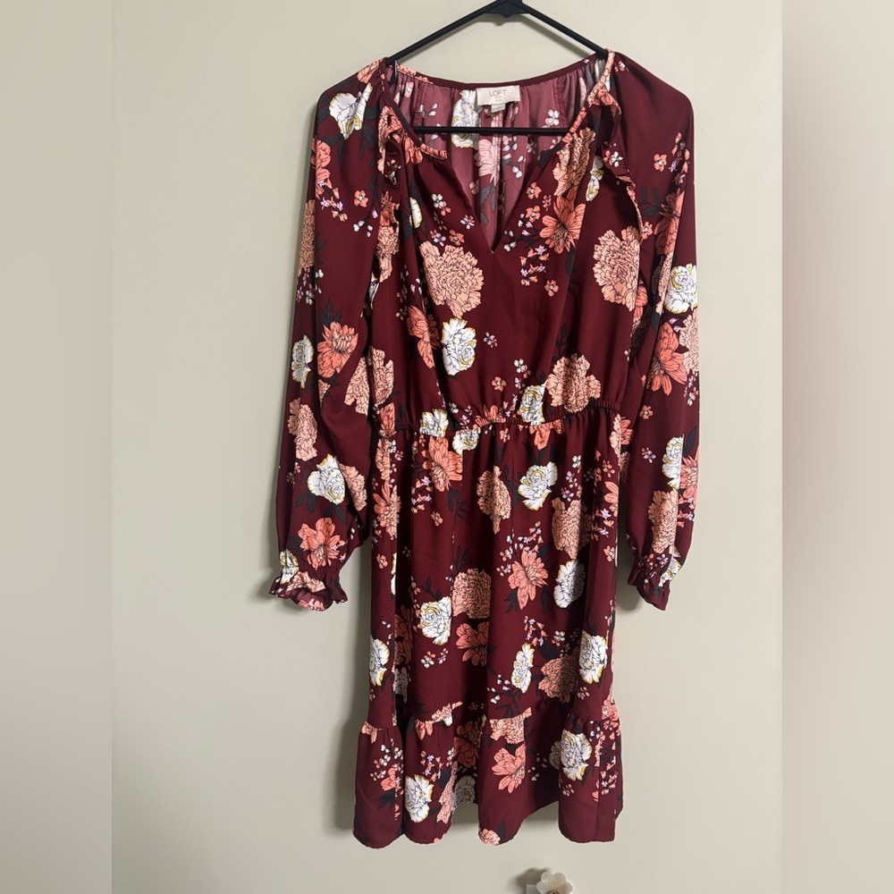Ann Taylor Loft Floral Flounce Split Neck Long Sleeve Midi Dress Size 8 Petite
